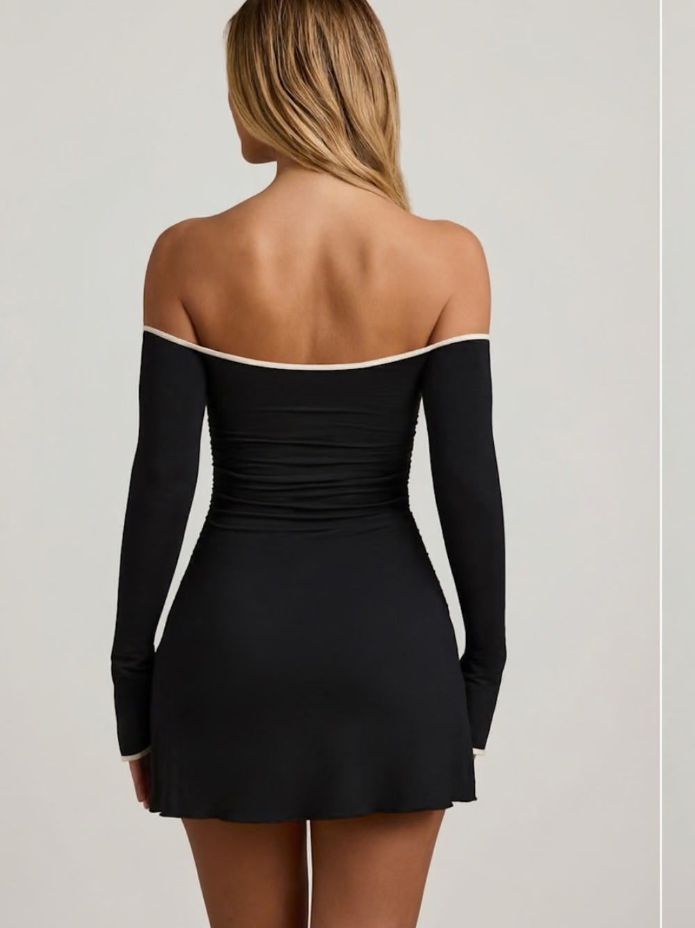 Oh Polly Black Off-Shoulder Mini Dress with Cream Trim - Picture 2 of 4